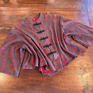 Vintage Floral Print Mandarin Collar Asian Style Silk Jacket L